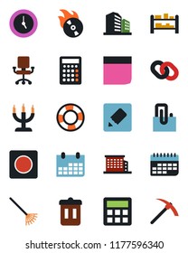 Color and black flat icon set - calendar vector, rake, term, rack, flame disk, chain, calculator, clock, record, notes, paper clip, blank box, office building, candle, trash bin, chair, hard work