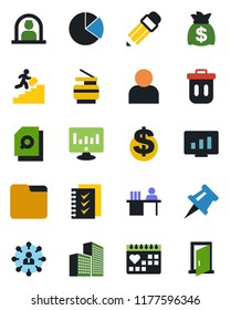 Color and black flat icon set - reception vector, hierarchy, dollar sign, money bag, statistic monitor, medical calendar, user, folder, drawing pin, office building, pie graph, document search, door