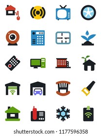 Color and black flat icon set - saw vector, tv, radio phone, house, garage, plan, office building, children room, home control, eco, fan, remote, irrigation, wireless, web camera, snowflake, pc