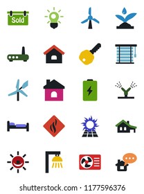 Color and black flat icon set - bed vector, house, with garage, sold signboard, key, irrigation, router, air conditioner, smoke detector, bulb, outdoor lamp, jalousie, sun panel, windmill, battery