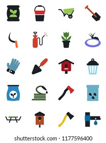 Color and black flat icon set - job vector, flower in pot, trowel, wheelbarrow, bucket, glove, hose, sickle, axe, garden light, seeds, pond, picnic table, bird house, sprayer, fertilizer