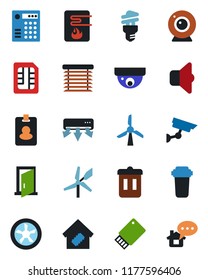 Color and black flat icon set - sim vector, smart home, fan, water heater, web camera, air conditioner, filter, energy saving bulb, sound, jalousie, trash bin, door, combination lock, windmill