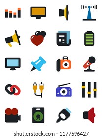 Color and black flat icon set - camera vector, microphone, radio, antenna, news, speaker, loudspeaker, settings, equalizer, video, monitor, chain, heart, paper pin, battery, rca, hdmi, sound