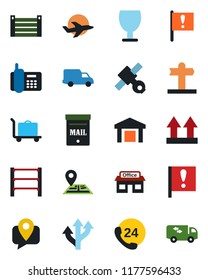Color and black flat icon set - baggage trolley vector, route, signpost, navigation, important flag, store, plane, satellite, office phone, 24 hours, mobile tracking, car delivery, container, rack