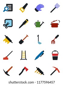 Color and black flat icon set - document search vector, pen, garden fork, shovel, farm, ladder, watering can, bucket, glove, saw, hoe, axe, cut, ladle, rolling pin, steaming pan, hard work