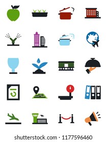 Color and black flat icon set - fence vector, arrival, plane globe, airport building, document reload, seedling, navigation, fragile, heavy scales, railroad, paper binder, office, waiter, irrigation