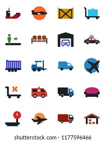Color and black flat icon set - baggage trolley vector, escalator, waiting area, alarm car, fork loader, plane, ambulance, sea shipping, truck trailer, delivery, container, no, heavy scales, garage