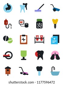 Color and black flat icon set - rake vector, lawn mower, bird house, diagnosis, blood pressure, test vial, dropper, pills, bottle, tomography, stomach, lungs, tooth, caries, implant, pulse clipboard