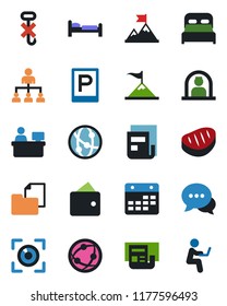 Color and black flat icon set - parking vector, reception, bed, hierarchy, manager place, folder document, no hook, network, dialog, calendar, news, bedroom, steak, eye scan, motivation, wallet
