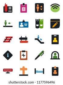 Color and black flat icon set - elevator vector, escalator, signpost, reception, identity card, book, pulse clipboard, radio phone, notes, wireless, paper tray, pen, bedroom, reserved, information