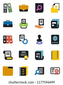 Color and black flat icon set - passport vector, stamp, office binder, document search, notepad, reload, printer, contract, news, folder, case, checklist, paper, estate, certificate
