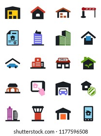 Color and black flat icon set - airport tower vector, barrier, hospital, store, warehouse storage, office building, house, garage, estate document, city, insurance, cafe, eco, home control app