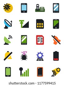 Color and black flat icon set - mobile phone vector, virus, satellite antenna, cell, low battery, back, sim, mute, cellular signal, office, sun panel
