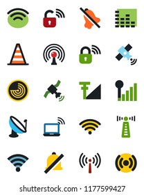 Color and black flat icon set - antenna vector, wireless notebook, border cone, radar, satellite, equalizer, mute, cellular signal, lock