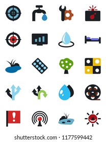 Color and black flat icon set - bomb in case vector, bed, statistic monitor, water drop, pond, pills blister, route, important flag, reel, antenna, application, root setup, target, supply, alarm led