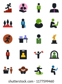 Color and black flat icon set - dispatcher vector, passport control, reception, manager, pedestal, run, support, client, identity card, desk, career ladder, estate agent, waiter, dress code
