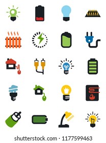 Color and black flat icon set - bulb vector, battery, low, rca, charge, desk lamp, heater, home control, power plug, water, warm floor, energy saving, idea