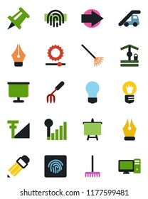 Color and black flat icon set - right arrow vector, ladder car, presentation board, drawing pin, bulb, garden fork, rake, well, brightness, fingerprint id, cellular signal, ink pen, pencil, pc
