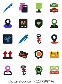 Color and black flat icon set - pen vector, stamp, heart shield, navigation, pin, fragile, up side sign, no hook, barcode, sd, cut, place tag, sertificate, sale, menu, open close