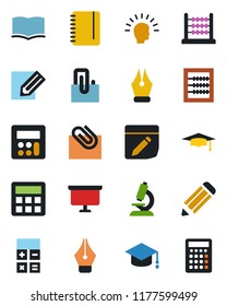 Color and black flat icon set - book vector, calculator, graduate, notepad, presentation board, pencil, microscope, notes, paper clip, abacus, ink pen, shining head