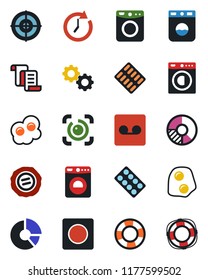 Color and black flat icon set - washer vector, contract, circle chart, stamp, pills blister, record, eye id, target, omelette, gear, clock, crisis management