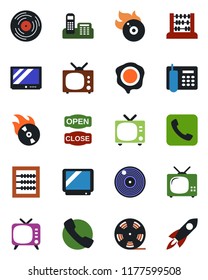 Color and black flat icon set - tv vector, abacus, stamp, reel, vinyl, flame disk, call, office phone, open close, rocket