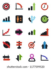 Color and black flat icon set - elevator vector, signpost, right arrow, growth statistic, crisis graph, route, navigation, sorting, data exchange, target, up, clock