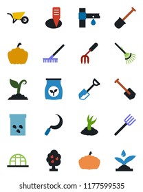 Color and black flat icon set - job vector, garden fork, shovel, farm, rake, wheelbarrow, sproute, sickle, plant label, pumpkin, greenhouse, seeds, fertilizer, drip irrigation, fruit tree