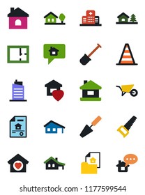 Color and black flat icon set - border cone vector, trowel, shovel, wheelbarrow, saw, house, hospital, with garage, tree, plan, estate document, sweet home, city, message