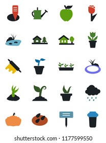 Color and black flat icon set - flower in pot vector, seedling, watering can, sproute, rain, plant label, pumpkin, seeds, pond, tulip, house with tree, rolling pin, apple fruit, water filter