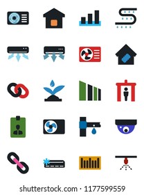 Color and black flat icon set - security gate vector, identity card, drip irrigation, sorting, barcode, chain, air conditioner, smart home, surveillance, sprinkler