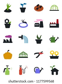 Color and black flat icon set - factory vector, flower in pot, seedling, watering can, sproute, pruner, pumpkin, greenhouse, seeds, pond, garden sprayer, eco house