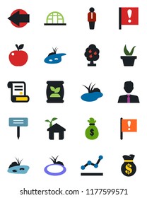 Color and black flat icon set - left arrow vector, manager, contract, seedling, plant label, greenhouse, pond, fertilizer, important flag, point graph, fruit tree, estate agent, apple, eco house