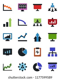 Color and black flat icon set - growth statistic vector, hierarchy, presentation board, monitor, circle chart, pulse, clipboard, statistics, pie graph, point, arrow up, crisis