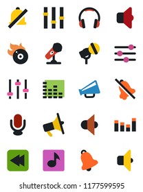 Color and black flat icon set - flame disk vector, microphone, speaker, loudspeaker, settings, equalizer, headphones, rewind, tuning, bell, mute, music, sound