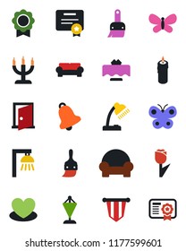 Color and black flat icon set - pennant vector, butterfly, heart, tulip, themes, bell, sertificate, desk lamp, cushioned furniture, restaurant table, candle, outdoor, door, certificate