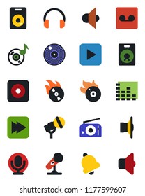 Color and black flat icon set - vinyl vector, flame disk, microphone, radio, speaker, equalizer, headphones, play button, fast forward, rec, bell, record, music, sound