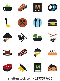 Color and black flat icon set - spoon and fork vector, cafe, menu, salad, plates, bacon, waiter, bread, chicken, steak, hamburger, ladle, rolling pin, sushi, cheese