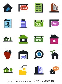 Color and black flat icon set - office building vector, house, real heart, contract, with tree, garage, estate document, rent, sold signboard, search, smart home, city, eco, message