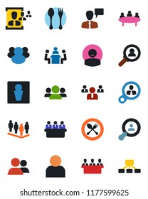 Color and black flat icon set - spoon and fork vector, male, speaking man, team, meeting, patient, group, user, hr, client search, consumer, hierarchy