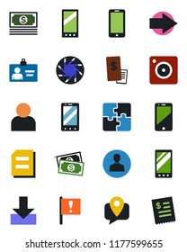 Color and black flat icon set - right arrow vector, mobile phone, identity card, document, important flag, cash, tracking, cell, camera, user, download, application, restaurant receipt