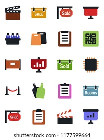 Color and black flat icon set - fence vector, presentation board, meeting, clipboard, clapboard, sale, rooms, sold signboard, cutting, chip