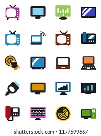 Color and black flat icon set - wireless notebook vector, radar, pc, statistic monitor, pulse, tv, touch screen, laptop, hdmi, statistics, intercome