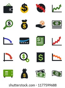 Color and black flat icon set - safe vector, dollar sign, money bag, crisis graph, cash, receipt, credit card, wallet, growth, search, investment