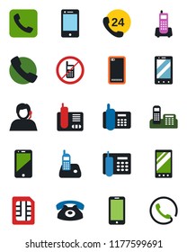 Color and black flat icon set - no mobile vector, phone, office, 24 hours, support, cell, radio, back, call, sim