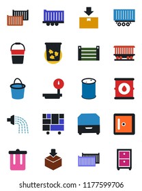 Color and black flat icon set - trash bin vector, checkroom, bucket, watering, railroad, truck trailer, cargo container, consolidated, package, oil barrel, heavy scales, archive box