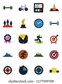 Color and black flat icon set - pedestal vector, medal, barbell, bike, run, clock, stopwatch, target, mountains