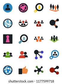 Color and black flat icon set - female vector, team, network, share, group, finger up, user, company, client search, consumer, social media