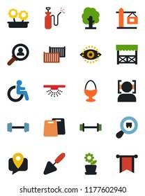 Color And Black Flat Icon Set - Disabled Vector, Trowel, Tree, Garden Sprayer, Barbell, Mobile Tracking, Cargo Container, Search, Face Id, Eye, Flower In Pot, Crane, Egg Stand, Alcove, Cutting Board
