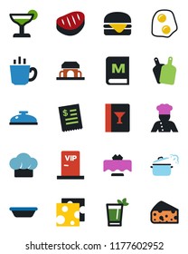 Color and black flat icon set - cook vector, restaurant table, hat, wine card, menu, reception, cocktail, phyto bar, coffee, cafe building, vip zone, receipt, steak, hamburger, bowl, cutting board